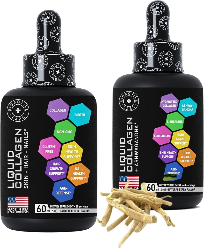 קולג'ן נוזלי עם Biotin ו- Liquid Collagen with Ashwagandha Enhanced Collagen Bundle for Hair growth, Skin Glow, Nails