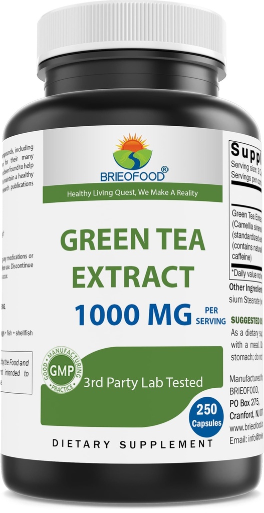 Brieofood Green Tea לחלץ 1000 מ"ג לשרת (Min 50% פוליפנולים) - 250 קפסולות - 3rd Party Lab נבדק עבור Purity & Quality