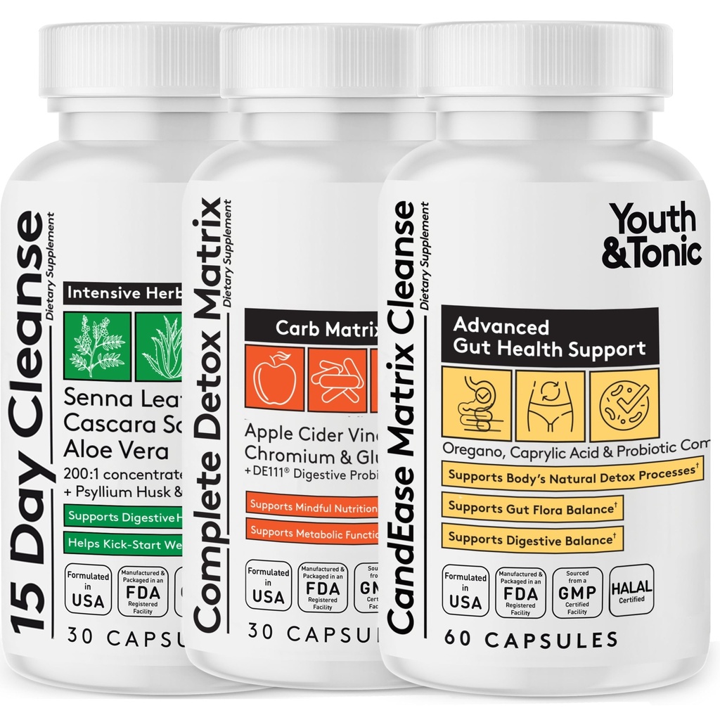 CandEase Matrix Pills & Voice Cleanser & Complete Detox Matrix Fast Kit Bundle 3pk | Caprylic Acid Oregano Protease & Cellulase Enmes Laxatives ACV Chromium & 100 CFU / ggive Probiotics פרוביוטיקה