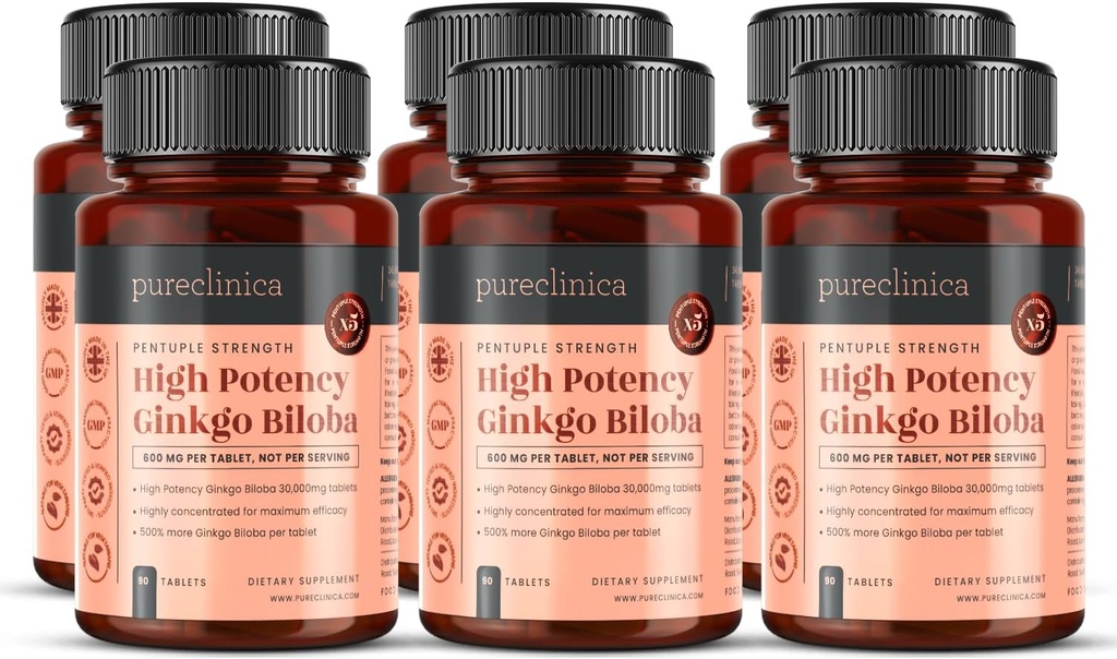 Pureclinica High Potency גינקו בילובה 30,000 מ"ג x 540 טבליות (6 בקבוקי 90) - 18 חודשים אספקה - 5 פעמים הכוח של מוצרים תחרותי
