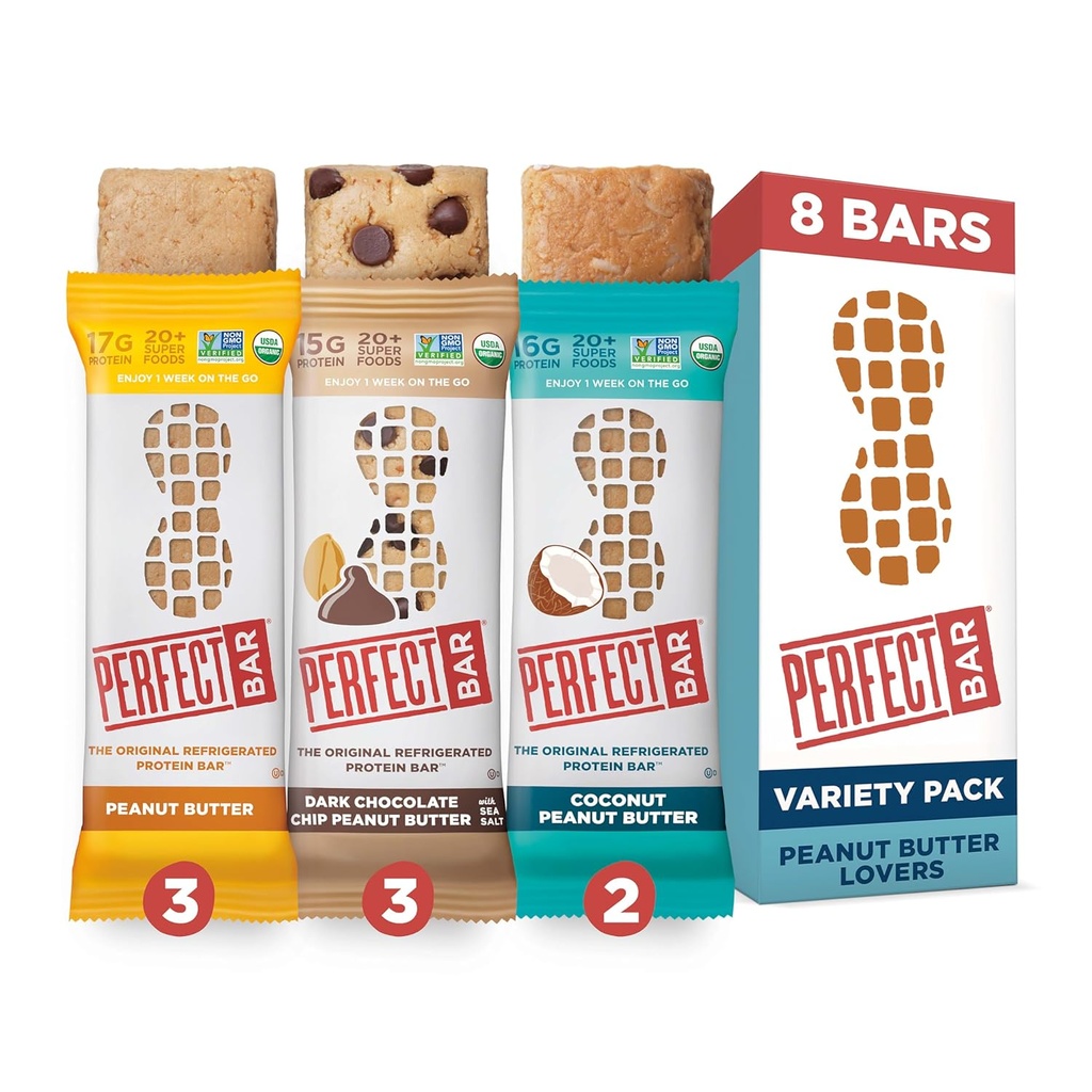 Perfect Bar Original Refrigerated חלבונים Bar, Pinut Butter Lover's Variety Bundle, 2.2 - 2.5 Ounce Bar, 8 Count