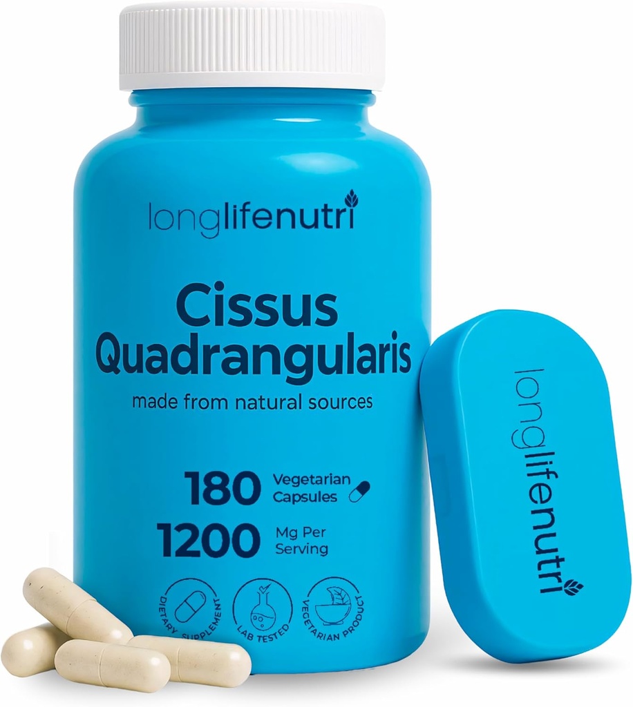 LongLifeNutri Cissus Quadrangularis 1200 מ"ג - 180 קפסולות צמחוניות, Stem Extract for Joint Comfort,עצמות העצם ו Active Mobility, High Potency Formula, 3 Monteh Supply, GMP Certified, Made in USA