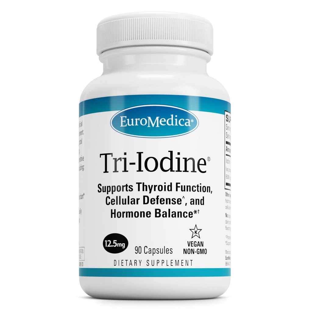 EuroMedica Tri-Iodine - תמיכה בבריאות Thyroid - סיוע הורמונלי איזון עם מולקולרית Iodine מ Kelp - תכונות Potassium Iodide & Sodium Iodide - Brain & Energy Support - 12.5 מ"ג, 90 קפסולות
