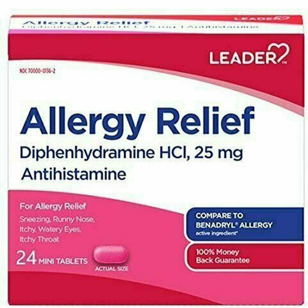 מנהיג Antihistamine אלרגיה הקלה Diphenhydramine HCl, 25 מ"ג מיני טבליות, 24 הרוזן