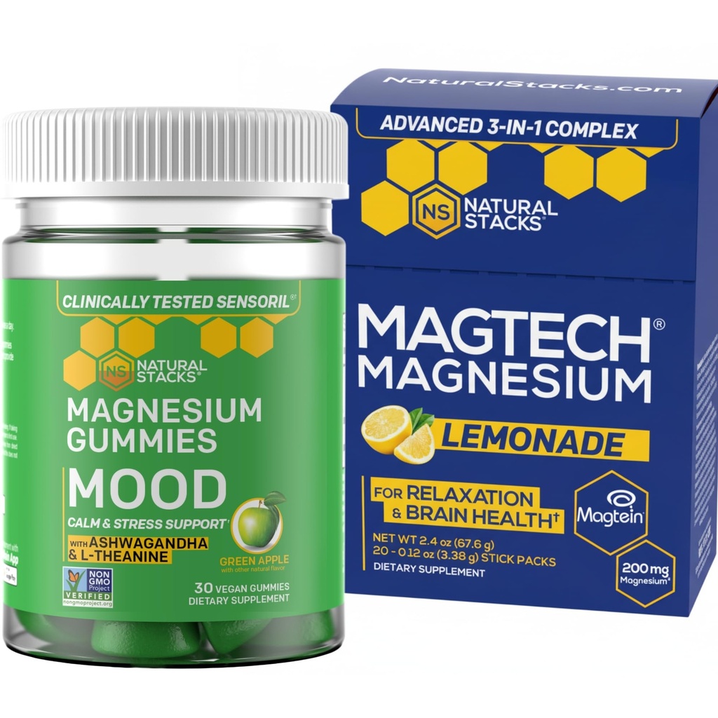 NATURAL STACKS Magtech Magnesium Drink + Mood Magnesiummies Bundle - 4 טפסים של Magnesium - בריאות המוח, הקלה ותמיכה מתח * - 35 משרתים