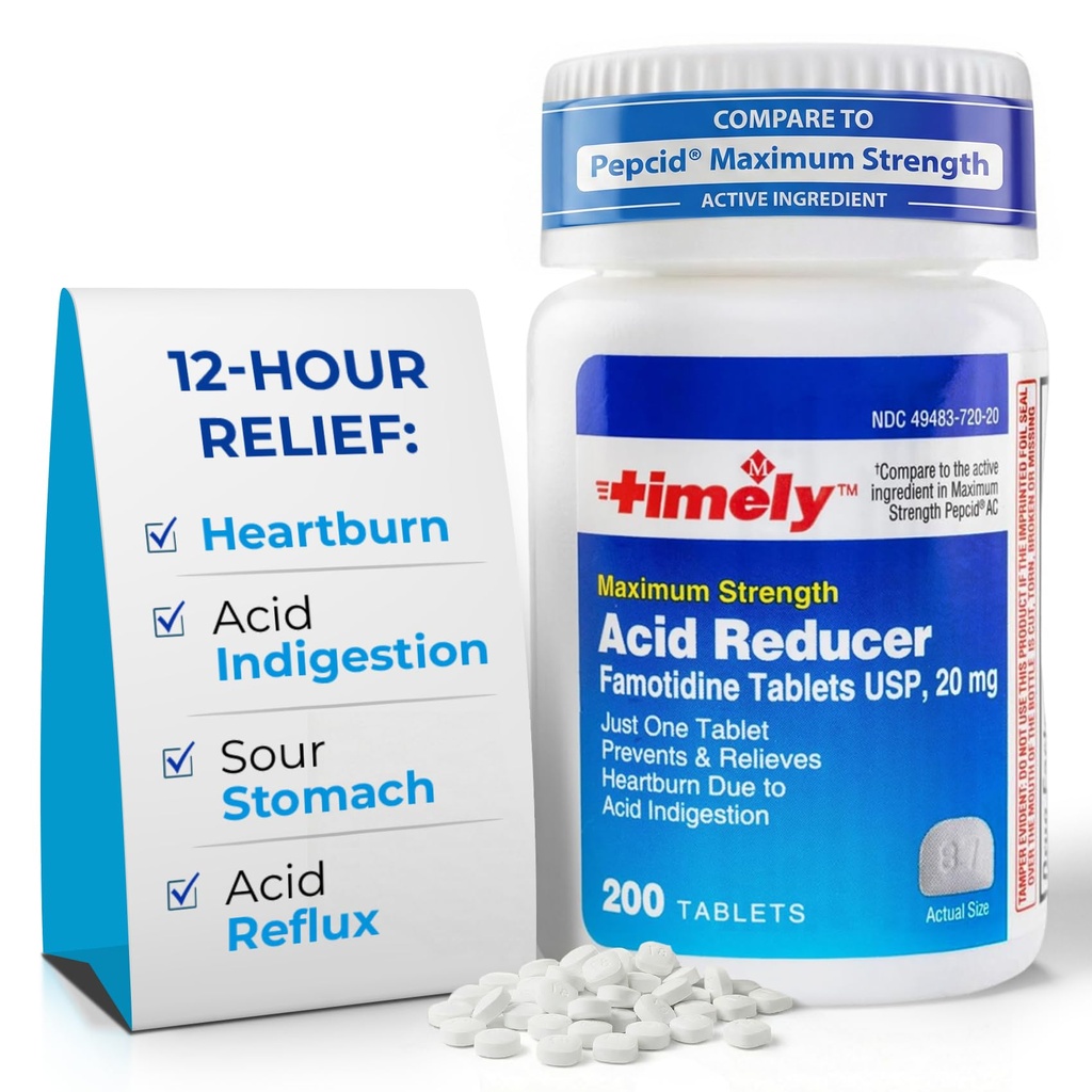 TIME-Cap Labs Acid Reducer & Heartburn Relief - Famotidine 20mg - for Adults & Children 12+, Helps with Acid Indigestion & Sour Stomach - Antacid Medicine Tablets (200 Count)