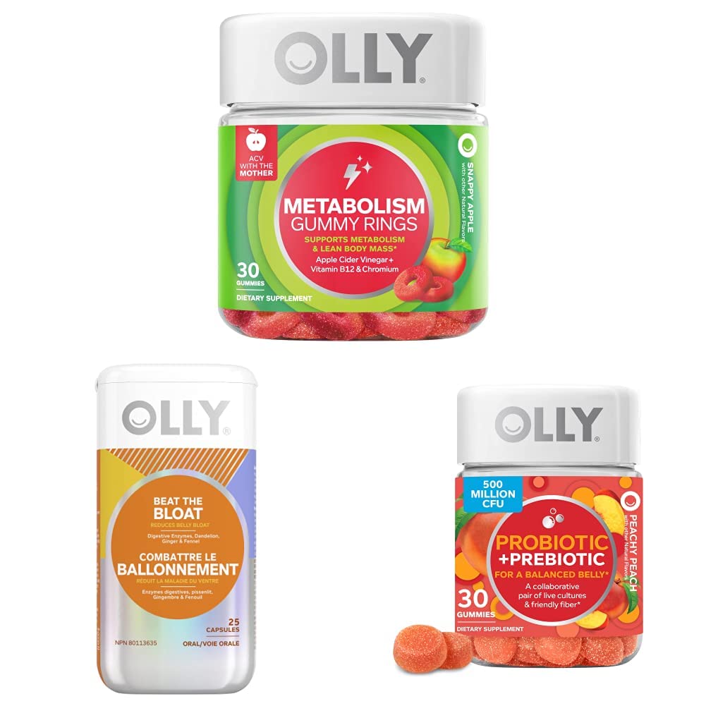 OLLY Metabolism Gummy טבעות, Apple Cider Vinegar, ויטמין B12, Chromium, Energy and Digestive Health Chewable Supplement (30 Count) ו-OLLY Beat the Bloat כמוסות, Enzymes, תוספת לנשים (25 הרוזן)