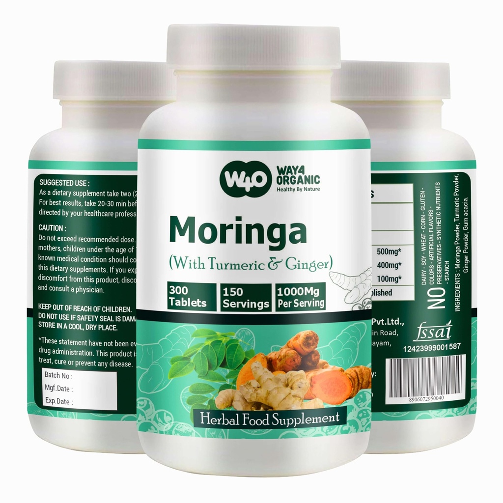 Moringa Tablets עם Turmeric וג'ינג'ר, 300 גלולות, 5 חודשים אספקה, 150 משרת, 1000 מ"ג לכל משרת. קפסולה אחת עם יתרונות מרובים - תמיכה בבריאות העיכול (Pack of 1)