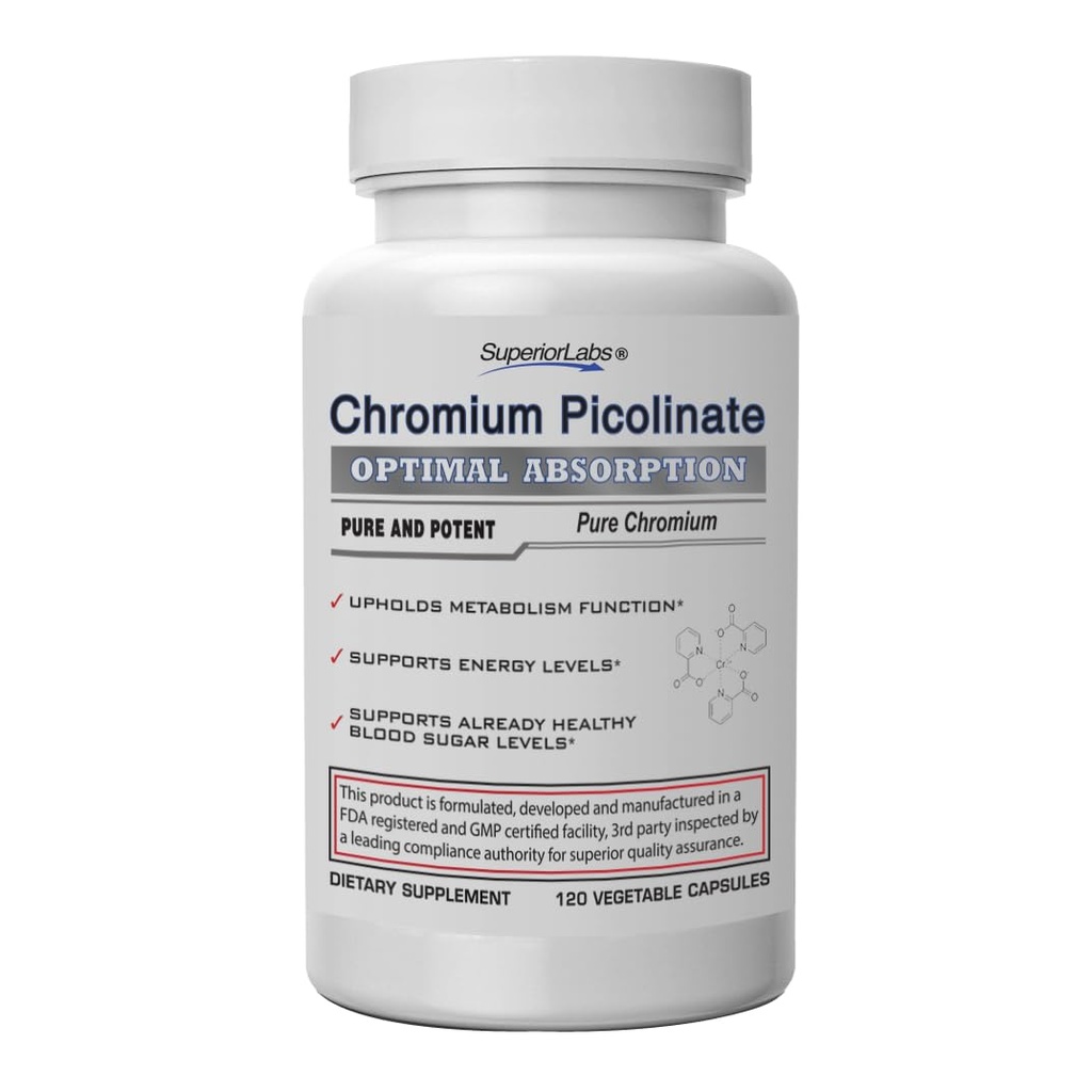 מעבדות עליונות Chromium Picolinate 500mcg, High Absorption, non-GMO, Blood Sugar & Metabolism Support, Weight and Food Craving Management, Helps Energy & Insulin Sרגישות, 120 Veg Caps