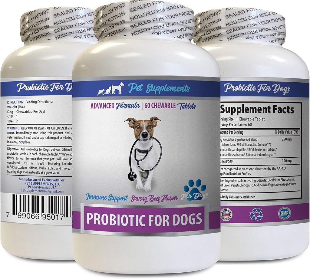 טיפול אוראלי לכלבים Bad Breath - ProBIOTICS for Dogs - Healthy Gut - Stop Gas Diarrhea ו- Bad Breath - Frebiotics Diarrhea - 1 בקבוק (60 טיפולים)