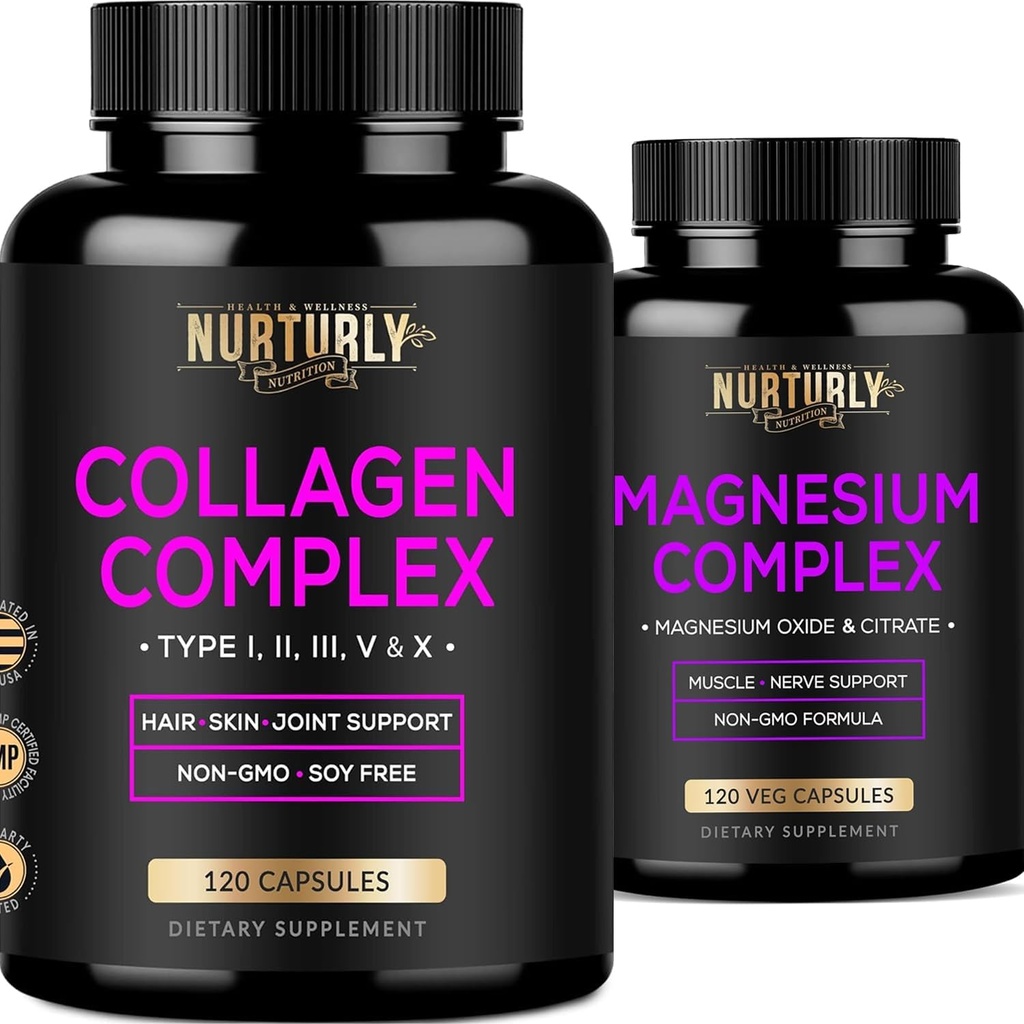 Magnesium Citrate & Oxide 500 מ"ג תוסף ו- Multi Collagen Peptides אבקת קפסולות - High Absorption מקסימום כוח - hydrolyzed Collagen Peptides