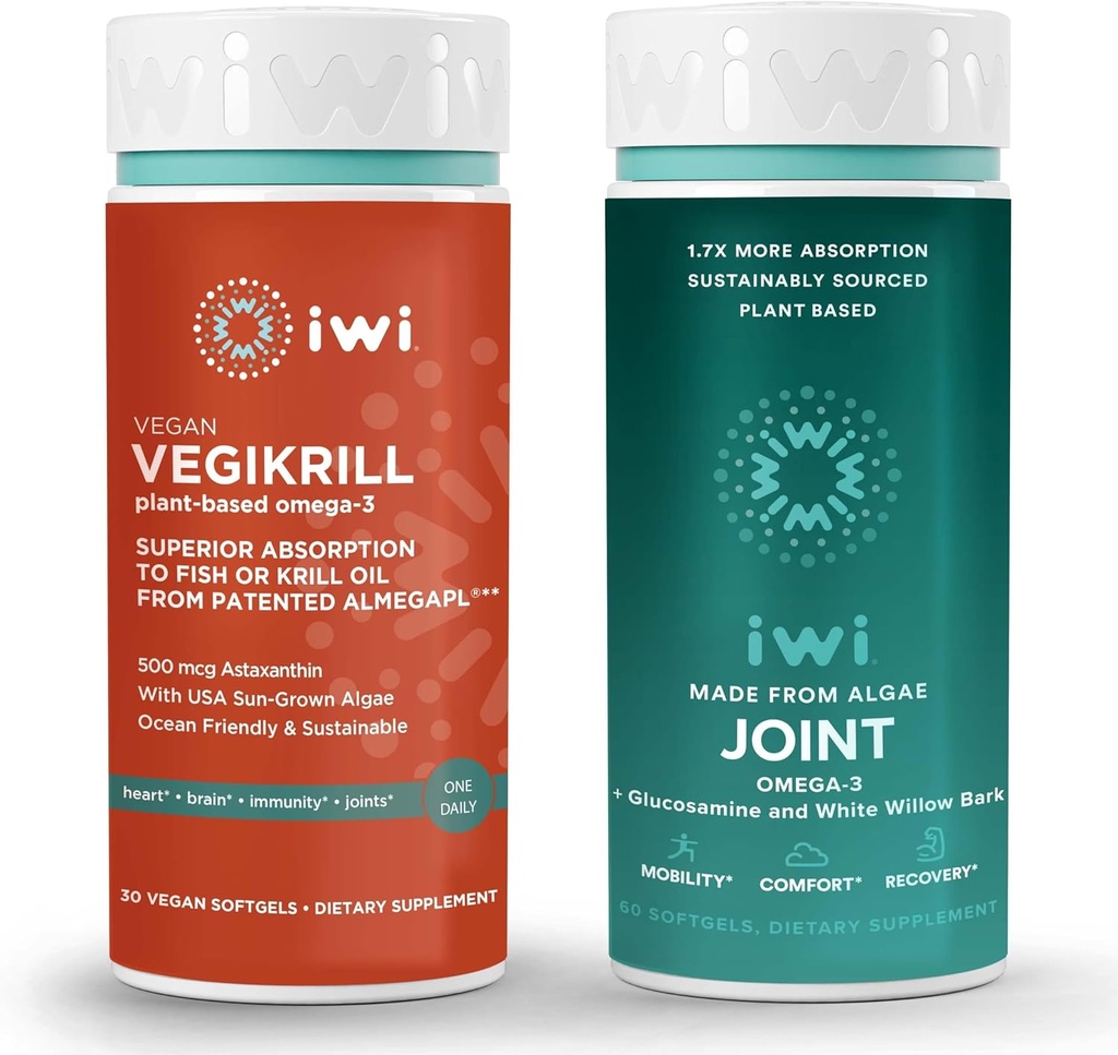 iwi Life Vegikrill & Joint אומגה 3 Bundle, 30 משרתות, Algae אומגה 3, קריל & Fish שמן אלטרנטיבי, No Fishy Aftertaste