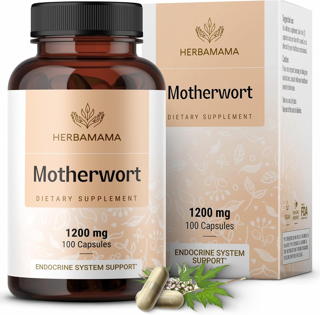 HERBAMAMA Motherwort Capsules – Natural Menopause Supplements* for Women – 1,200mg Motherwort Herb Powder per Serving for Women's Mood & Calm Support – Vegan, Non-GMO – 50-Day Supply
