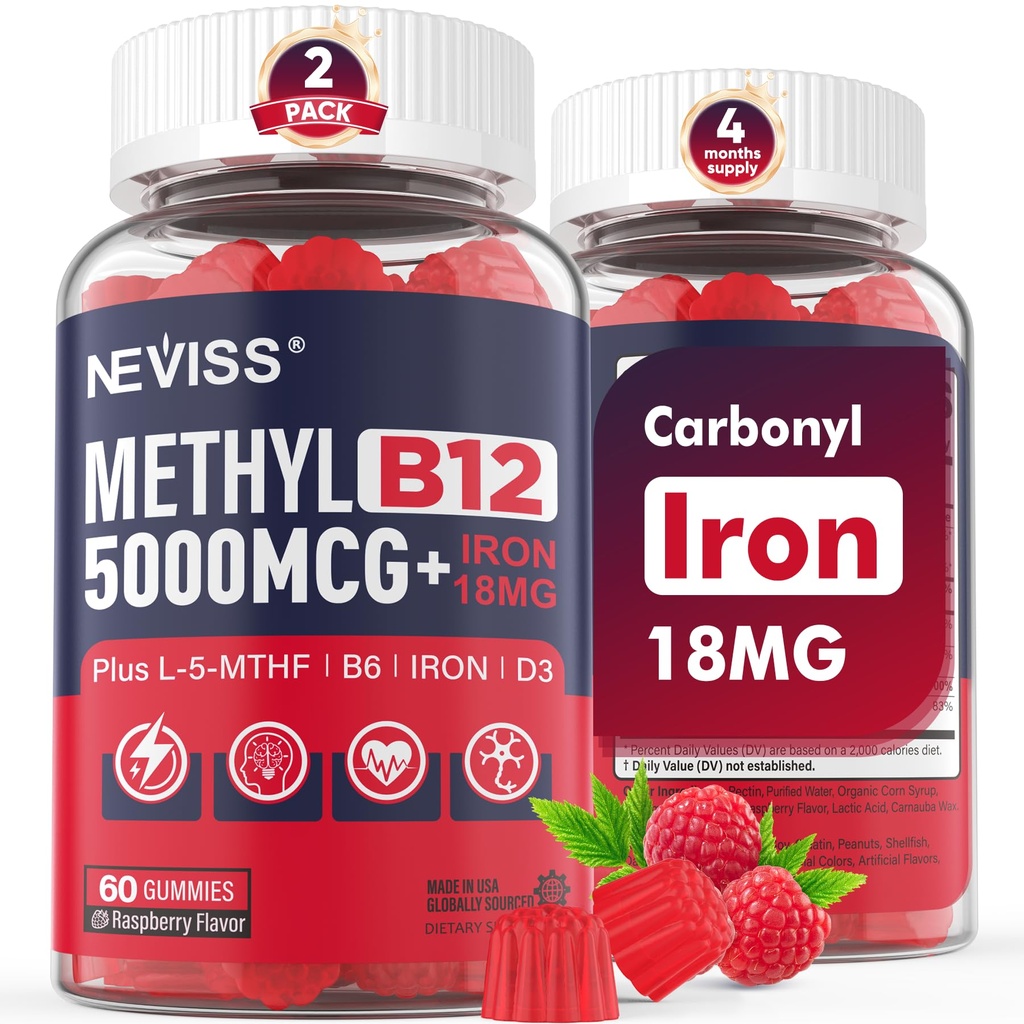 NEVISS Methyl B12 ויטמינים 5000 mcg Gummies + ברזל 18 מ"ג לנשים - Active Methylcobalamin Methylated B12 ויטמין W / L-MethylFolate, B6 (P5P) & D3 לאנרגיה & Focus תמיכה, 120 משרתs