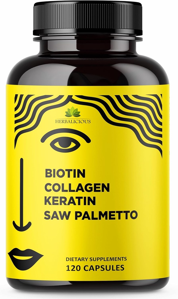 HERBALICIOUS Biotin Vitamins with Collagen, Keratin & Saw Palmetto for Women and Men - Biotin 10000 mcg Hair Skin Nails Supplement for Hair, Skin, and Nails Wellness - Made in USA, 120 Capsules