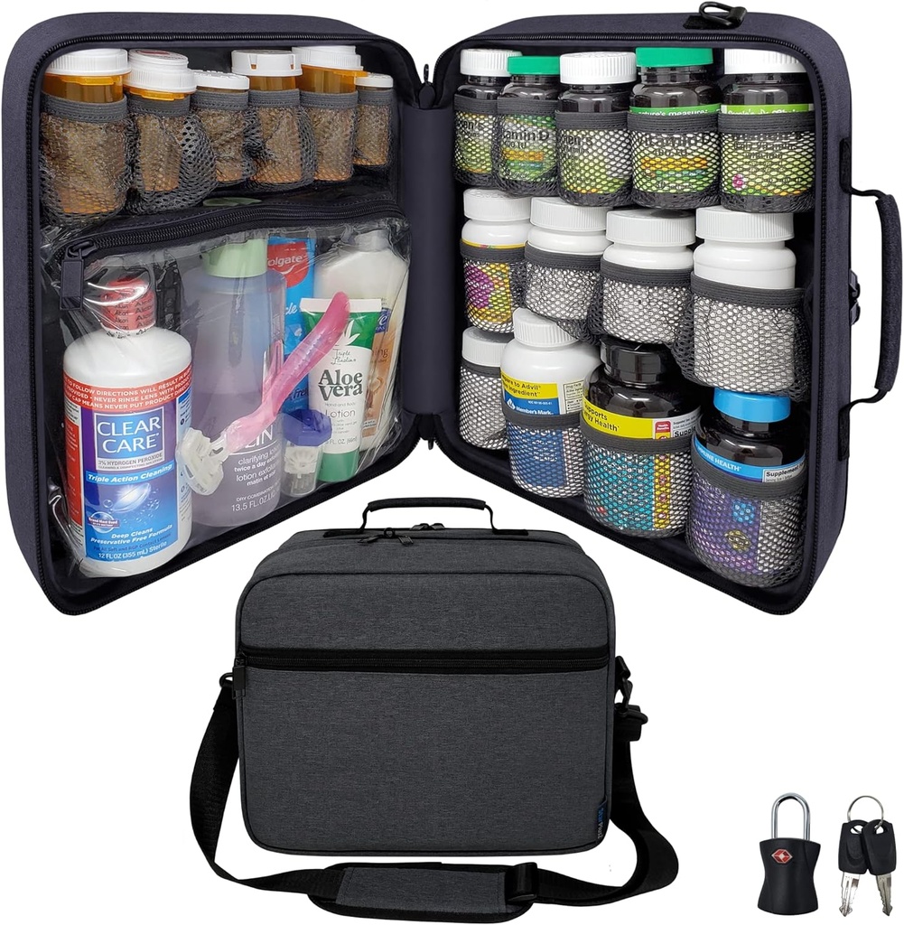 תוספת-Large Pill Bottle מארגנת, Medicine Bag, Carrier for Medicines, ויטמינים, ו- Medical Supplies - Modular Travel Medicineארגן ו-Home Storage Med Bag - Dark Gray (עם Lock)