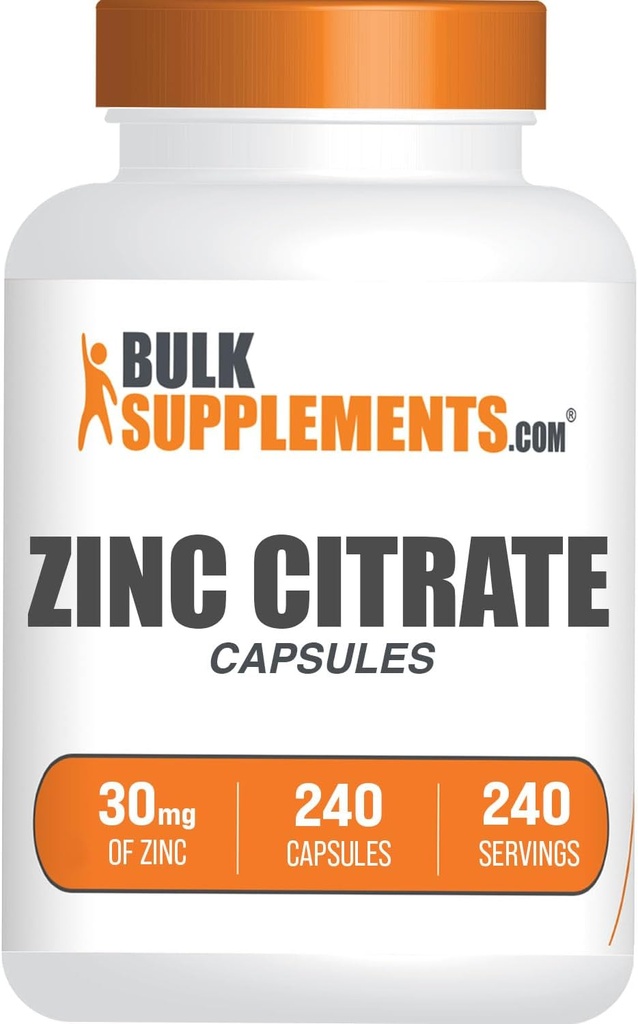 BulkSupplements.com Zinc Citrate כמוסות - תוספי Zinc, Gluten Free - 30 מ"ג לשרת, 1 קפסולה לשרת, 240 ספירה (Pack of 1)