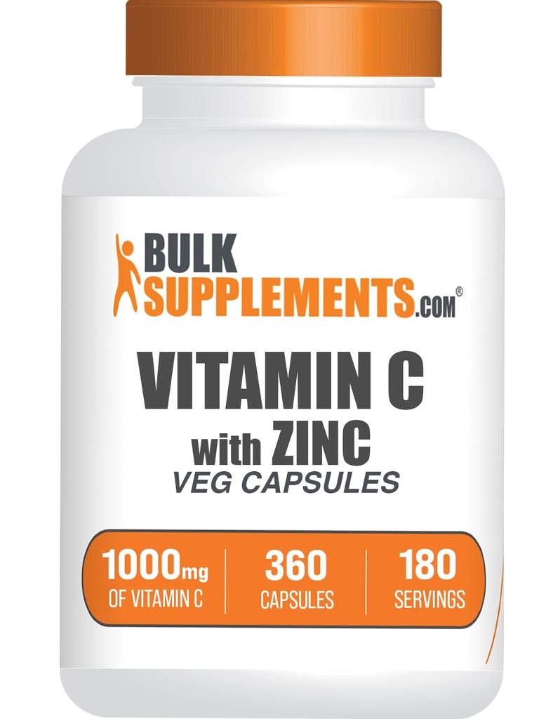 BulkSupplements.com ויטמין C עם Zinc כמוסות - ויטמין C 1000mg & Zinc 15 מ"ג, עבור Immune Support - טבעוני, 2 קפסולות לשרת, 360 Veg Count (Pack of 1)
