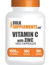 BulkSupplements.com ויטמין C עם Zinc כמוסות - ויטמין C 1000mg & Zinc 15 מ"ג, עבור Immune Support - טבעוני, 2 קפסולות לשרת, 360 Veg Count (Pack of 1)