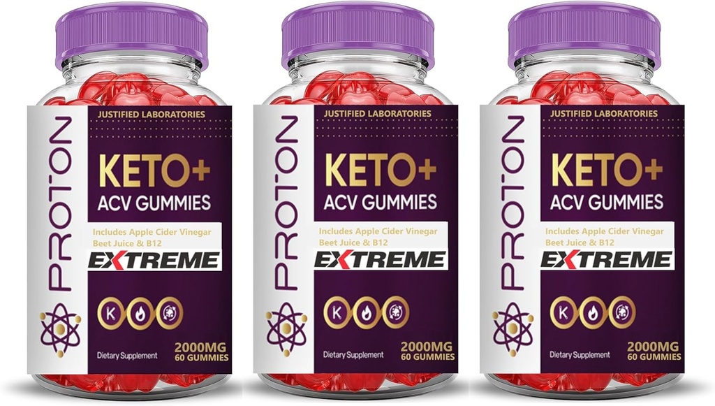 Justified Laboratories (3 Pack Proton חלבון Keto ACV Gummies Extreme 2000MG Proton Keto Gummies Apple Cider Vinegar פורמולה עם אבקת מיץ Pomegranate B12 טבעוני non GMO 180mys