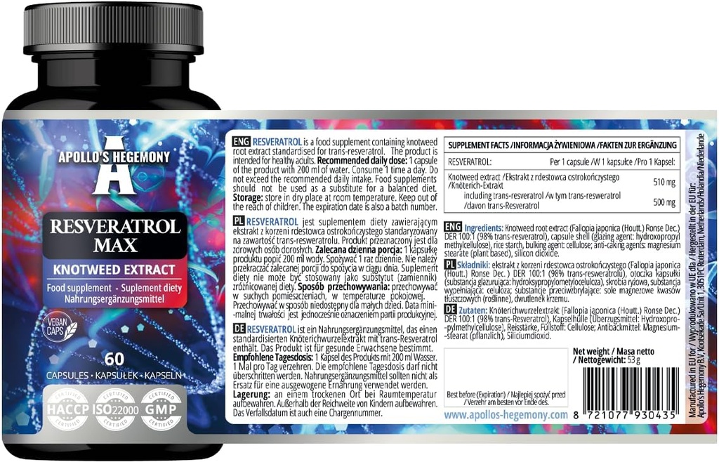 APOLLO'S HEGEMONY Resveratrol Max - 500 מ"ג לקפסולה - 60 קפסולות טבעוניות - עלייה של 98% - תמיכה בריאות אזורית - Antioxidant טבעי