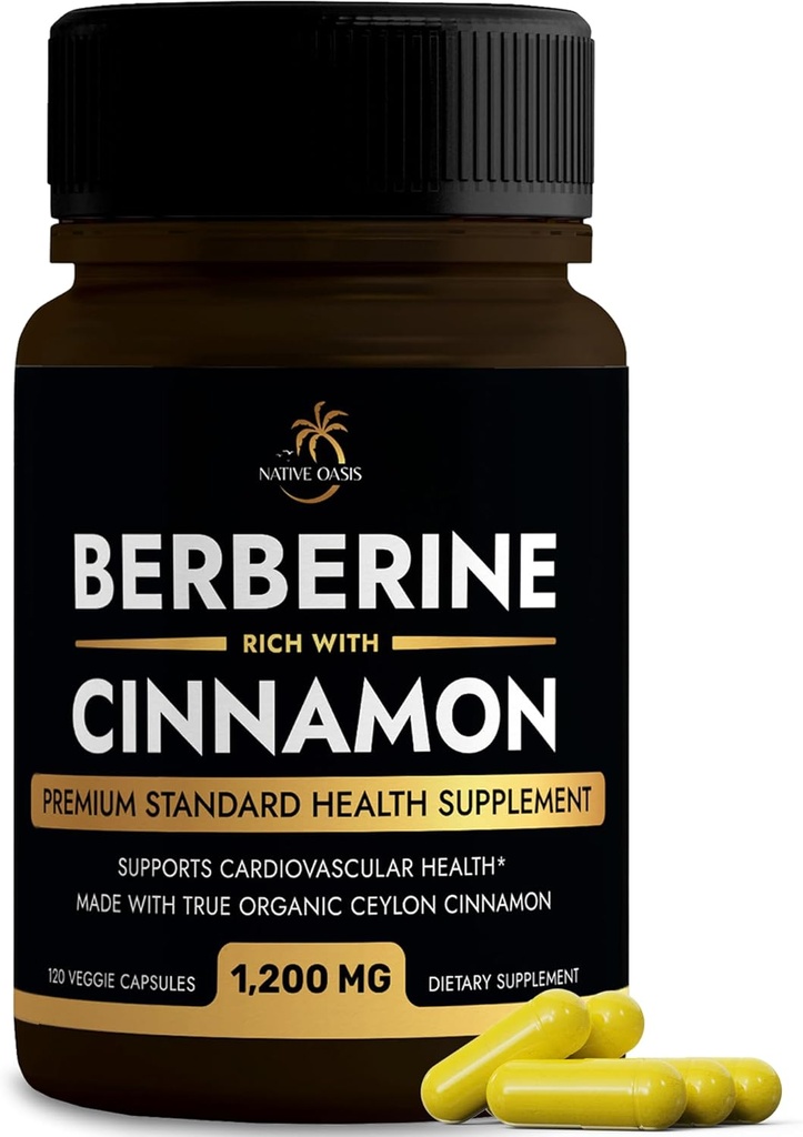 תוספת ברברין עם Ceylon Cinnamon | Berberine HCL 1200 מ"ג פלוס Ceylon Cinnamon מ- סרי לנקה לבריאות הלב, ירידה במשקל ותמיכה בחיסון | Non-GMO, Lab Tested, Zero Fillers | 120ct.