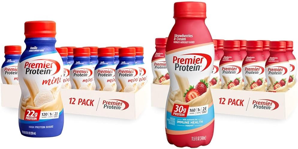 חלבון ראש הממשלה Shake Minis Vanilla 22g חלבון 120 קלוריות Pack של 12 & Strawberries Premier חלבונים Shake 30g חלבון 160 קלוריות Pack של 12