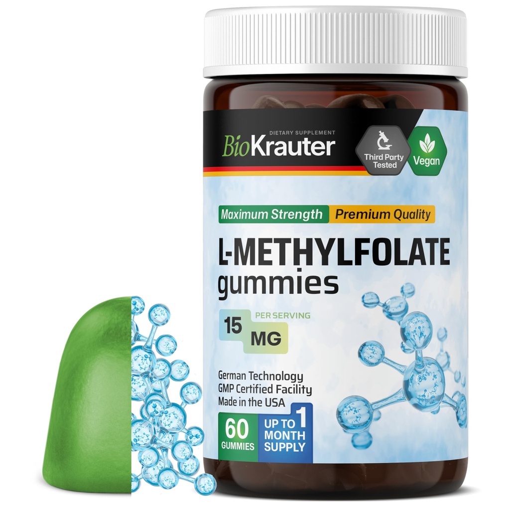 BIO KRAUTER L Methylfolate Gummies - 25 מ"ג DFE - 60 צ'יפס טבעוני - תוספת MTHF - תוסף Folate - Folic Acid Gummies (Vitamin B9) - פורמולה חינם פורמולה