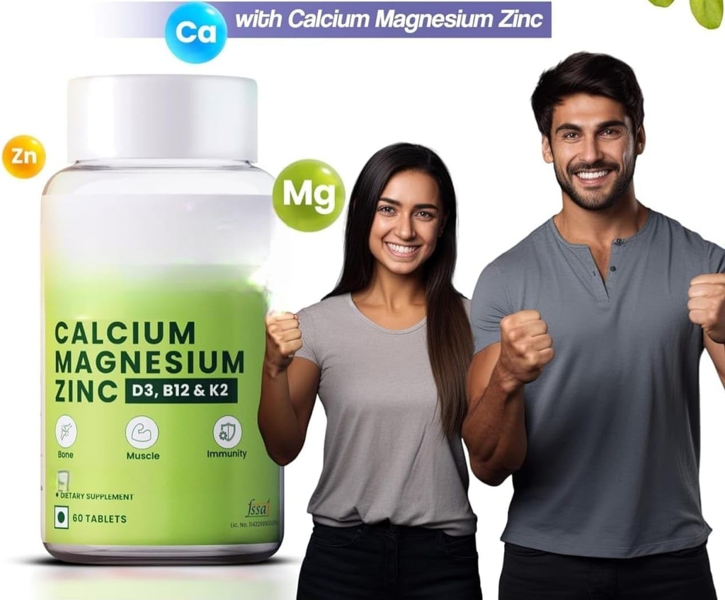 Calcium, Magnesium, Zinc עם ויטמין D3 & B12, 1000 מ"ג I 60 Veg טבליות