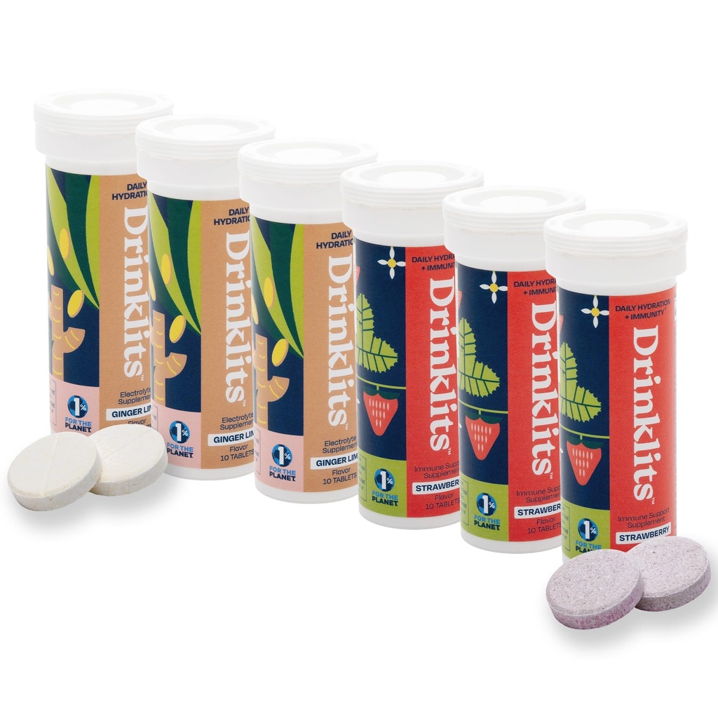 שתייתות ג'ינג'ר-למה אלקטרוליטה ו-Strwberry Immunity Tablets (6) Tube Combo Pack | Great Taste - Gluten Free - Daily Use | 60 משרתות (10 טבליות Per Tube)
