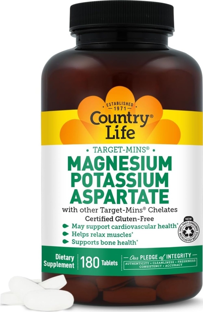 המדינה Life Magnesium ו- Potassium תוסף לבריאות הלב, תמיכה קרדיווסקולרית, מערכת החיסון והבריאות העצם, Gluten-Free