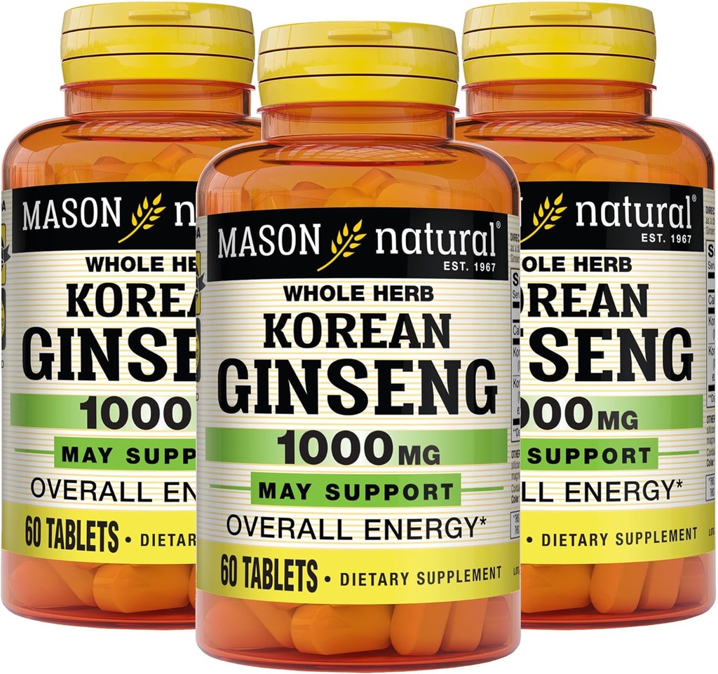 MASON NATURAL קוריאני גיינסנג 1,000 מ"ג, תומך אנרגיה, אנדורנס וינאליות, 60 טבליות, Pack של 3