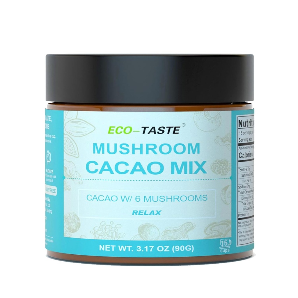 ECO-TASTE Mushroom Cacao Mix, Mushroom לחלץ 1000 מ"ג, טבעוני וגלוטן חינם קפה אלטרנטיבי, 3.17oz (90g)