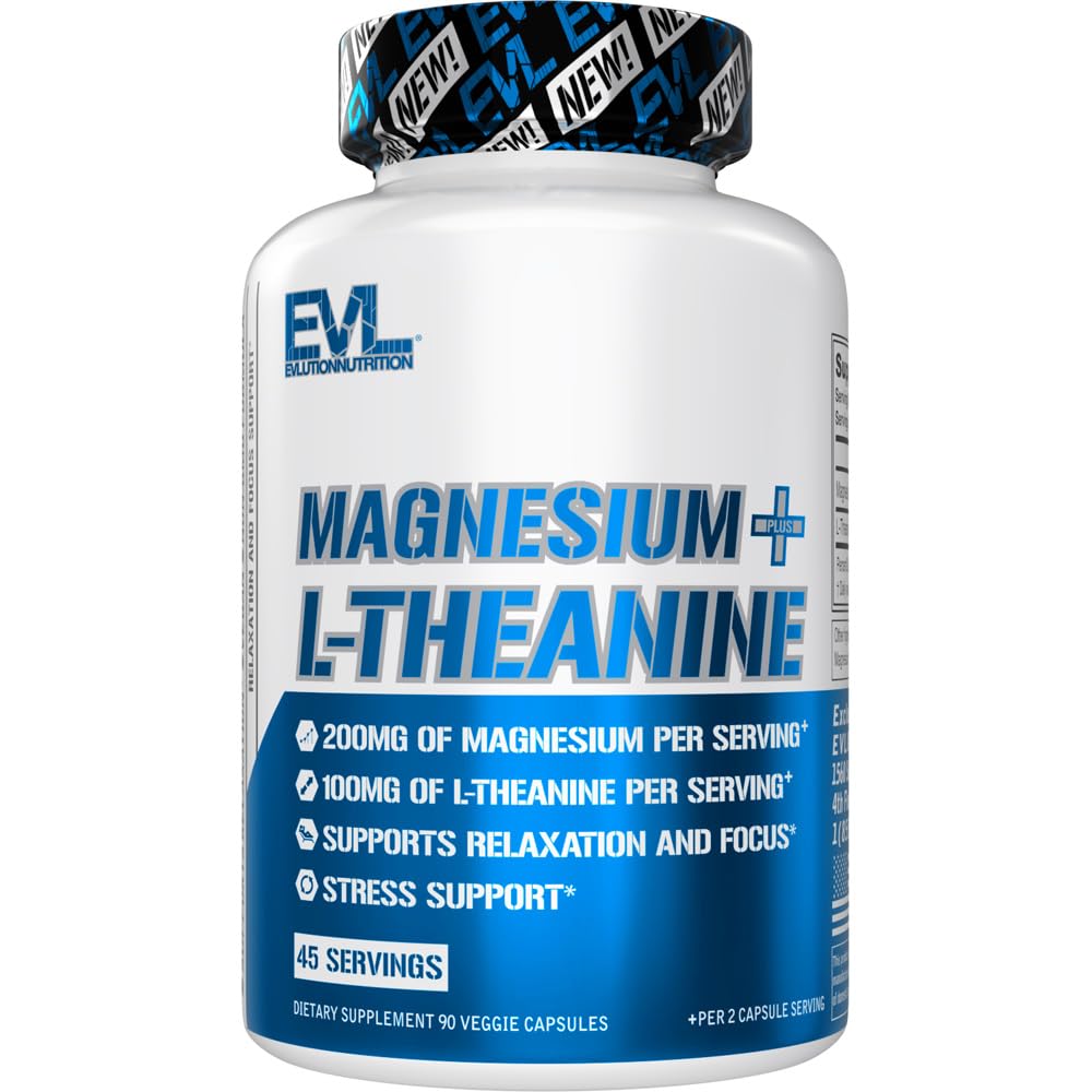 תזונה של Evlution Magnesium + L-theanine - מזון טבעי ותמיכה להתמקד - 200 מ"ג מגנזיום + 100 מ"ג L-theanine - טבעוני & non-GMO - תוספי תזונה - 45 משרתים - 90 Veggie קפסולות