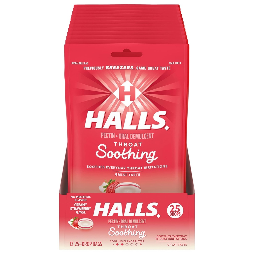 HALLS גרון Soothing (לשעבר HALLS Breezers) Creamy Strawberry גרון טיפות, 12 באגים של 25 טיפות (300 טיפות Totals)