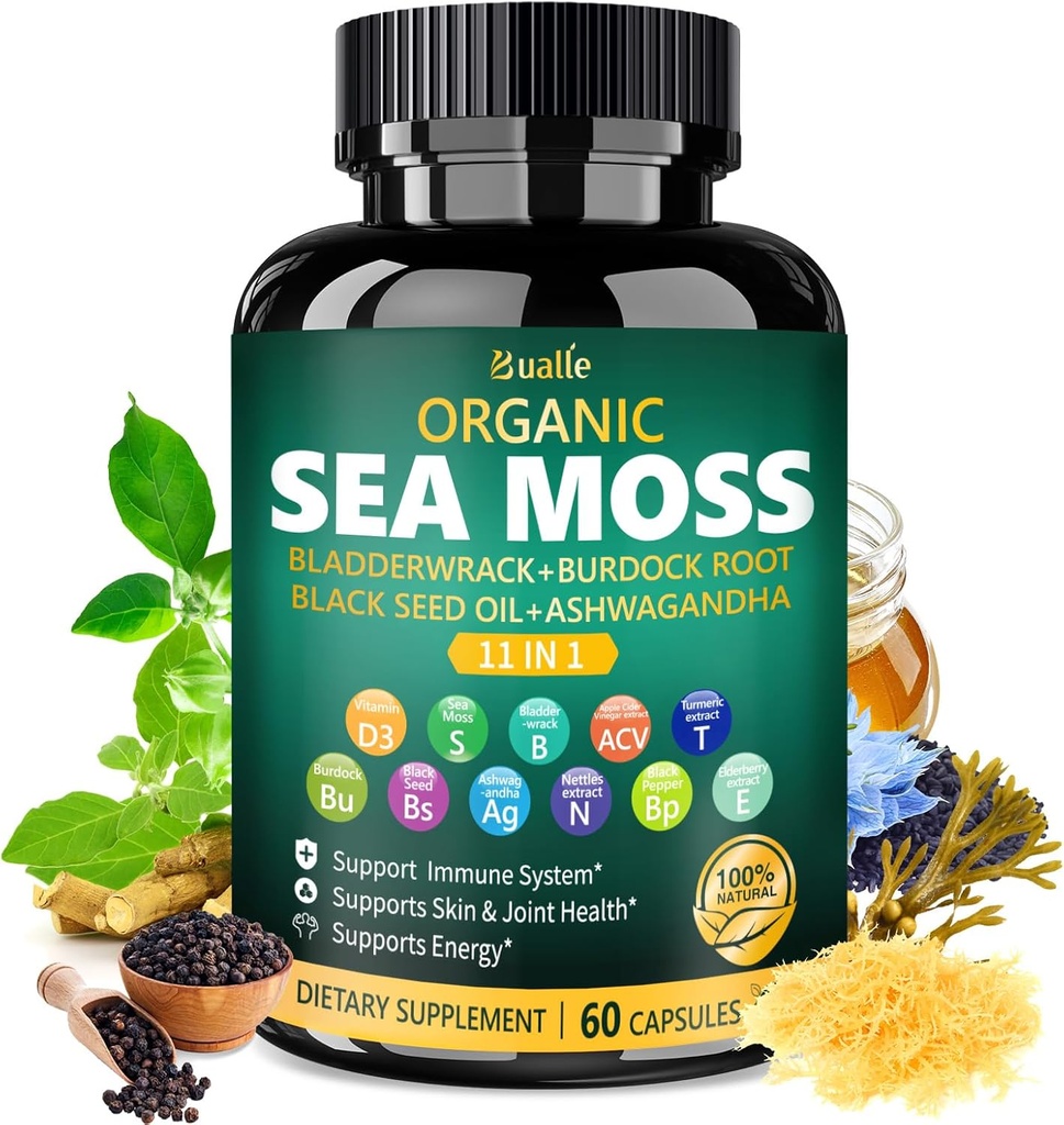 Bualle Organic Sea Mosss כמוסות עם שמן Black Seed, Ashwagandha, Blawdderrack, ג'ינג'ר & Burdock Root - מתחם צמחי עבור Daily - 60 קפסולות (1 Pack)