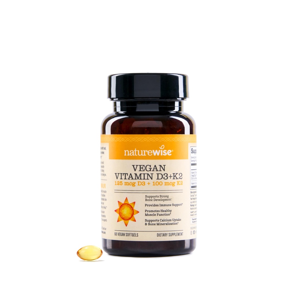 NatureWise Vegan D3 + K2 - אורגני D3 5000IU + ויטמין טבעי K2 100mcg - תמיכה העצם - High Absorption with Organic Cold-Pressed Oil - Non-GMO