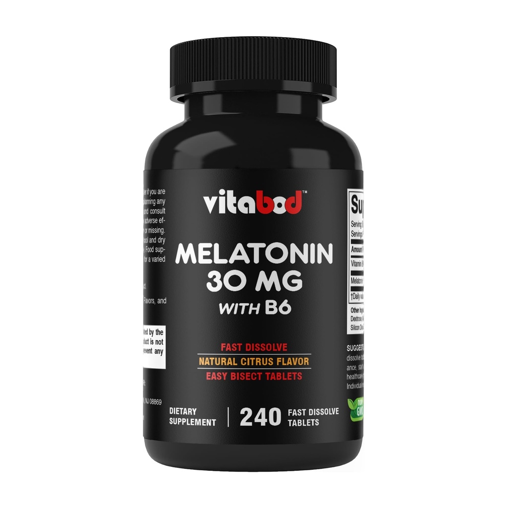 Melatonin 30 מ"ג עם ויטמין B6 - 240 טבליות במהירות dissolve תמיכה בשינה גבוהה - תרופות חינם, טבעי Citrus Flavor - Vegetarian, non-GMO, Gluten-Free