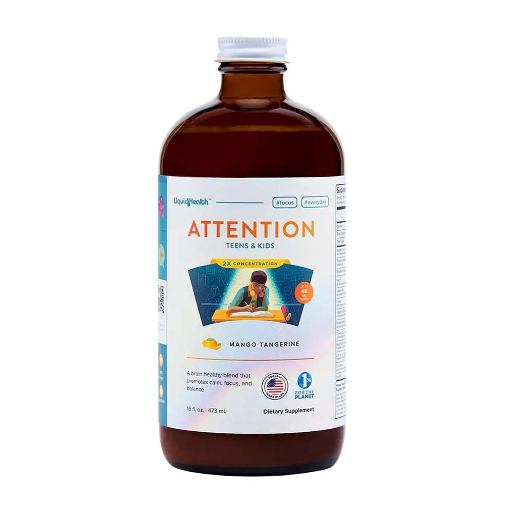 LIQUIDHEALTH Attention Liquid Multivitamin for Kids & Teens - משפר את קשב הזיכרון, ריכוז, פוקוס, Mood, מרגיעה וקלמינג - Made in the USA, Great Taste, Vegan, Sugar-Free (16 oz)