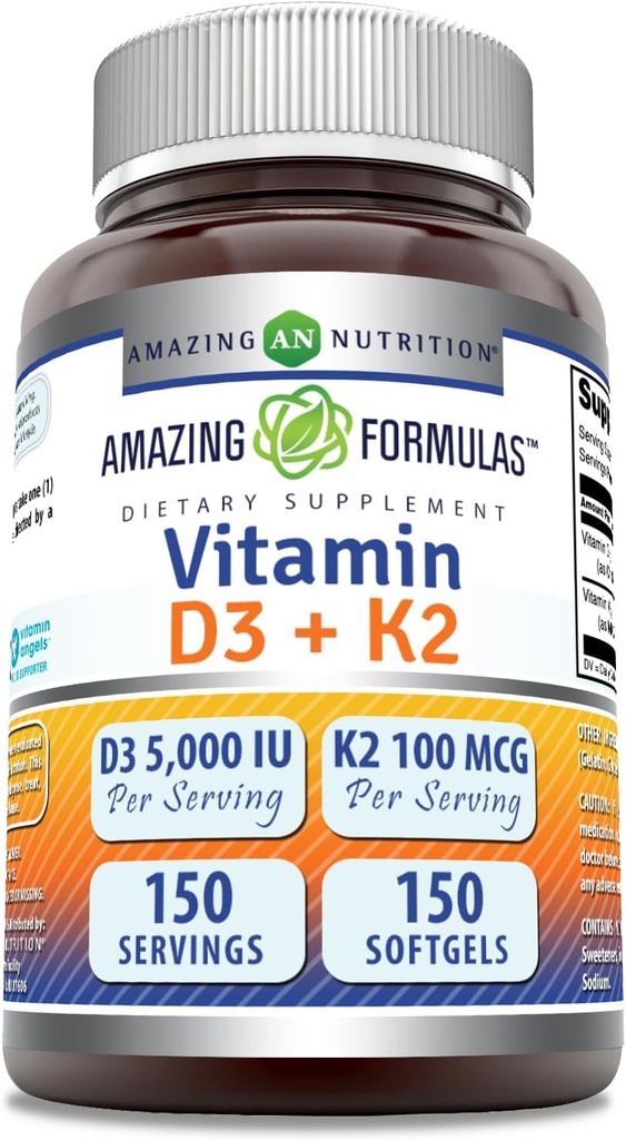 פורמולה מדהימה ויטמין D3 5000 IU עם ויטמין K2 100 Mcg | D3 + K2 מורכב תוסף | Softgels | Non-GMO | Gluten-Free | Made in USA (1 Pack, 150 Count)