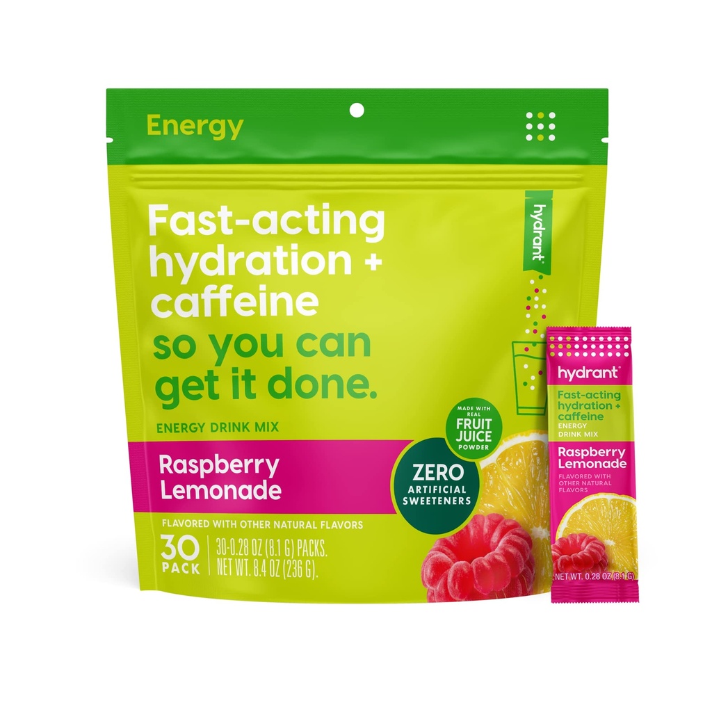 אבקת אלקטרוליט אנרגיה, Raspberryade Flavor, 30 Caffeine & L-theanine Energy Rehydration Stick Packs - אבקת סוכר נמוכה לשימוש יומיומי