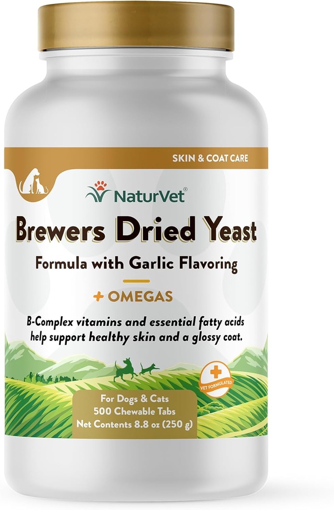 התוסף של NaturVet Brewer עם Garlic Flavoring - כולל ויטמין B-Complex, אומגה 3, 6, ו 9 Fatty Acids - עוזר לתמוך Glossy Stick, עור בריא לכלבים, חתולים 500 Ct.