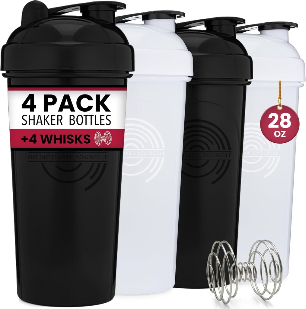 GOMOYO 4Pack - 28 בקבוקי חלבון Ounce עבור Mixes, 4xWire Whisk, Leak Proof Bulk Mixes ו-Pre-Workout Shaker Cups, Dishwasher Safe & BPA חינם, שחור ולבן