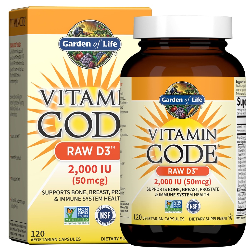 גן של ויטמין D, ויטמין Code Raw D3, ויטמין D 2,000 IU, Raw Whole Food D3 תוספי מזון עם Chlorella, פירות, Veggies & Probiotics לבריאות העצם & Immune, 120 קפסולות צמחוניות