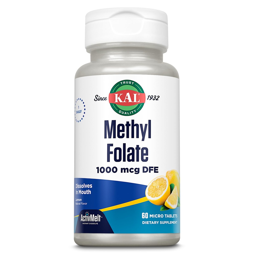 KAL Methyl Folate 1000 mcg, 5-MTHF Active Form, תוסף Folic Acid, Heart Health, Prenatal, Mood ו- Brain Support, Vegetarian, Natural Lemon ActivMelt, 60 ימים ערבות, 60 משרת, 60 טבליות מיקרו