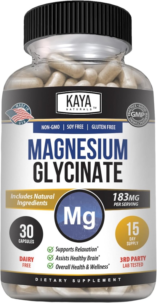 Kaya Naturals Magnesium Glycinate 183 מ"ג ל Caps, צ'רד עבור Absorption מקסימלית, non-GMO, no Gluten Milk & Soy, תומך שריר ובריאות הלב 30 הרוזן