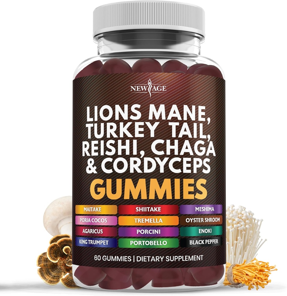 AGE Mushroom Lion's Mane חניכיים - תוסף Mushroom עם Reishi, Cordyceps - 60 Count