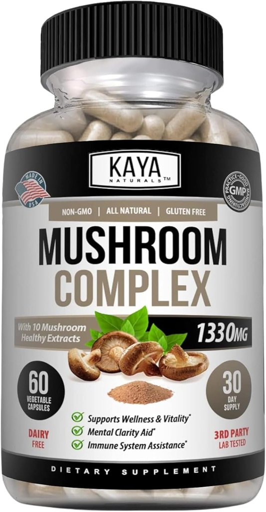 Kaya Naturals Premium Mushroom Complex Potent - קפסולות מורכבות Mushroom 1330 מ"ג Per המשרת - מסייעות לקליירות נפשית תומכת במערכת החיסון, בריאות ו Vitality - 60 Count Count