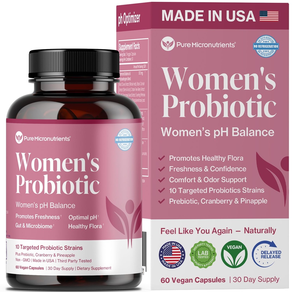 Pure Micronutrients pH Balance Vaginal Probiotics עבור נשים - Odor & Itch תמיכה - Vaginal Health Pills עם Cranberry, Lactobacillus & Prebiotics - Feminine בריאות יומית תוספת - 60 קפסולות