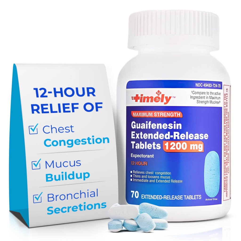 זמן-CAP LABS, INC. Timely Guaifenesin 1200 מ"ג לוחות שחרור מורחב - מצפה Mucus Relief & Chestungestion הקלה למבוגרים - נמשך עד 12 שעות - 70 ספירה